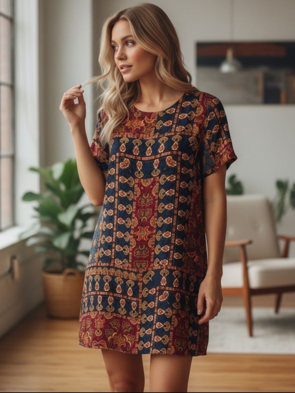 Olivaceous Navy Blue and Burgundy Patchwork Mini Dress